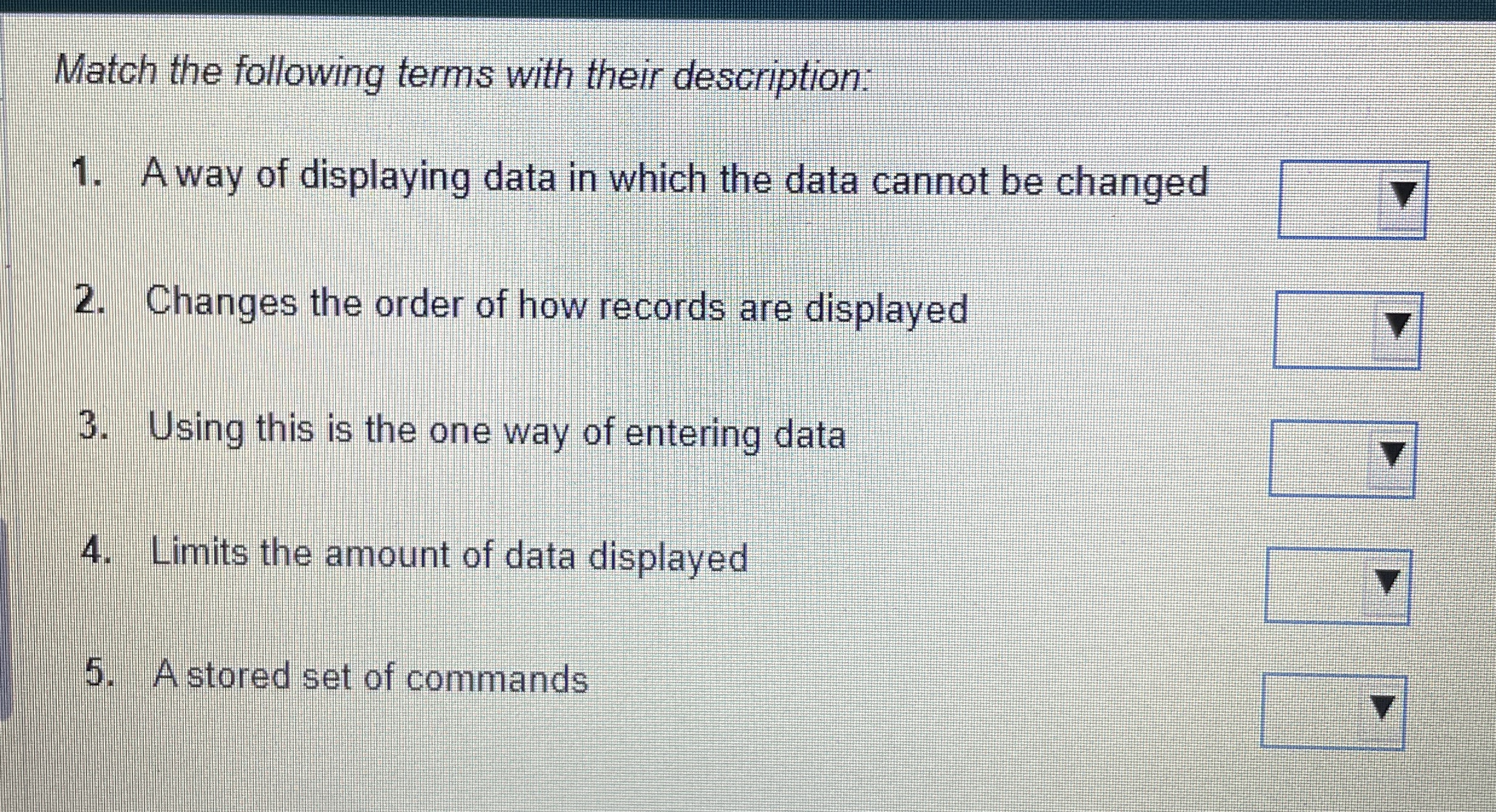 Match the following terms with their description: