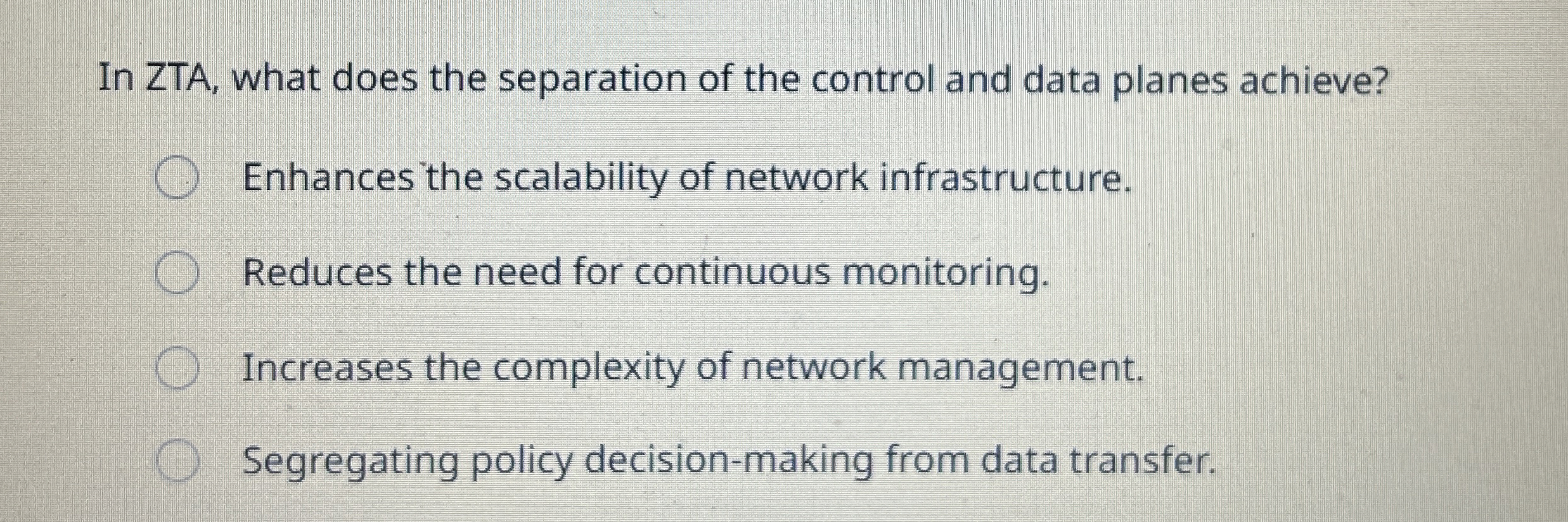 In ZTA, what does the separation of the control