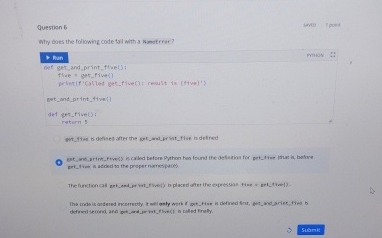 Questian 6 nty does the following code fal with a