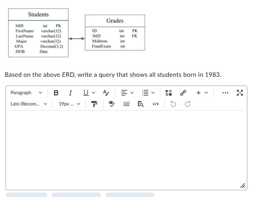 Based on the above ERD, write a query that shows