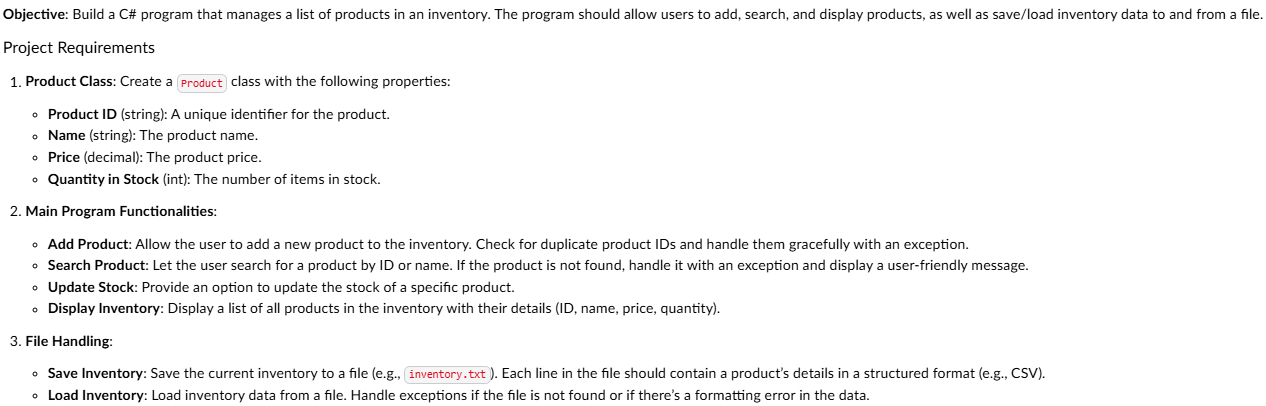 Objective: Build a C \ # program that manages a