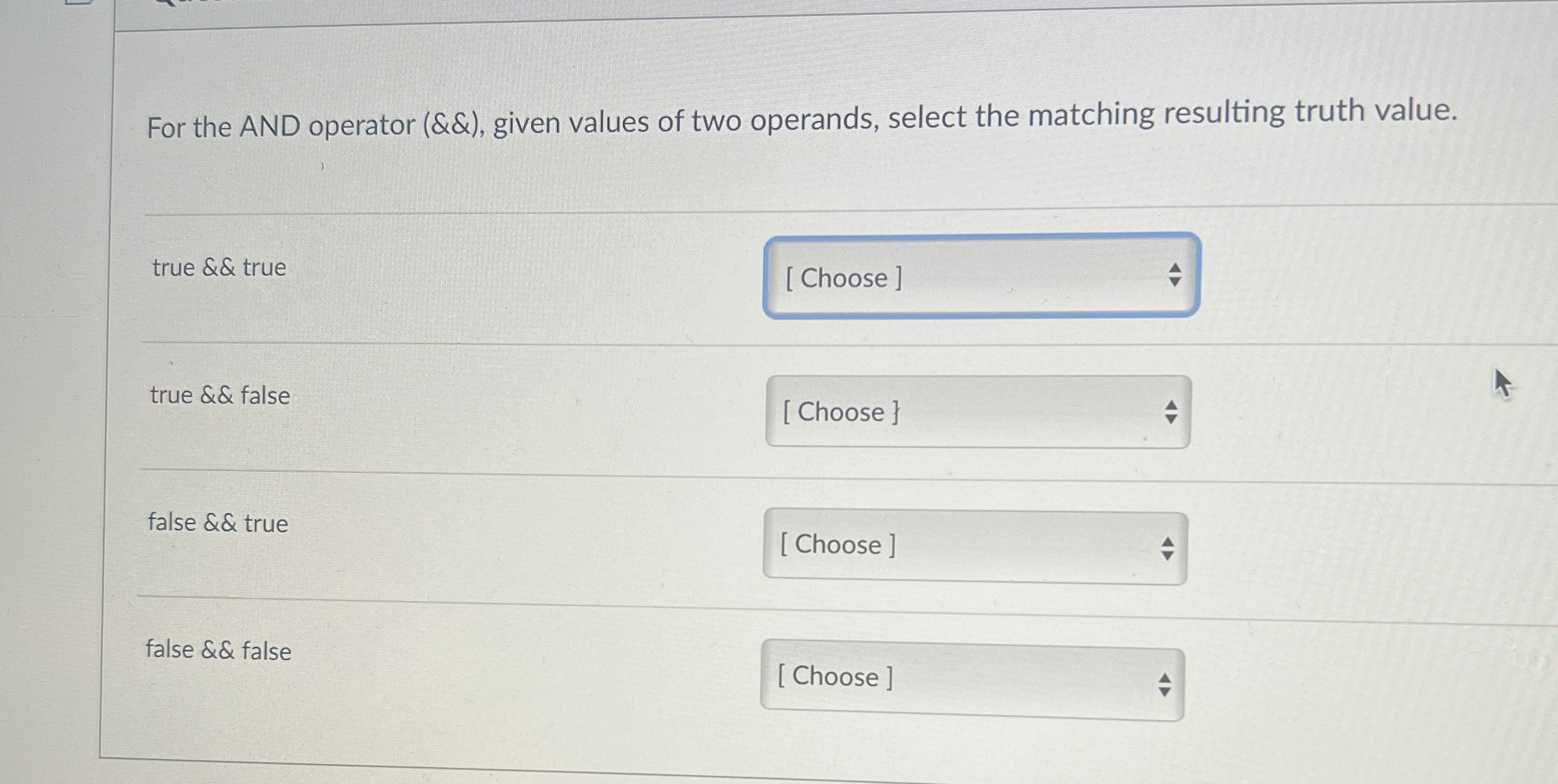 For the AND operator ( && ) , given values of two