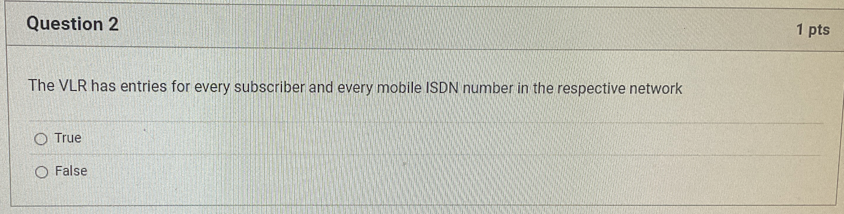 Question 2 1 pts The VLR has entries for every