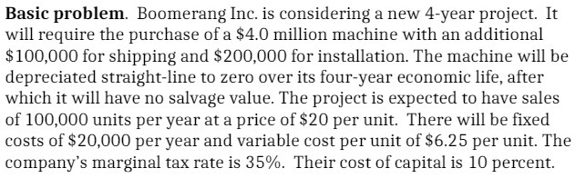 Basic problem. Boomerang Inc. is considering a