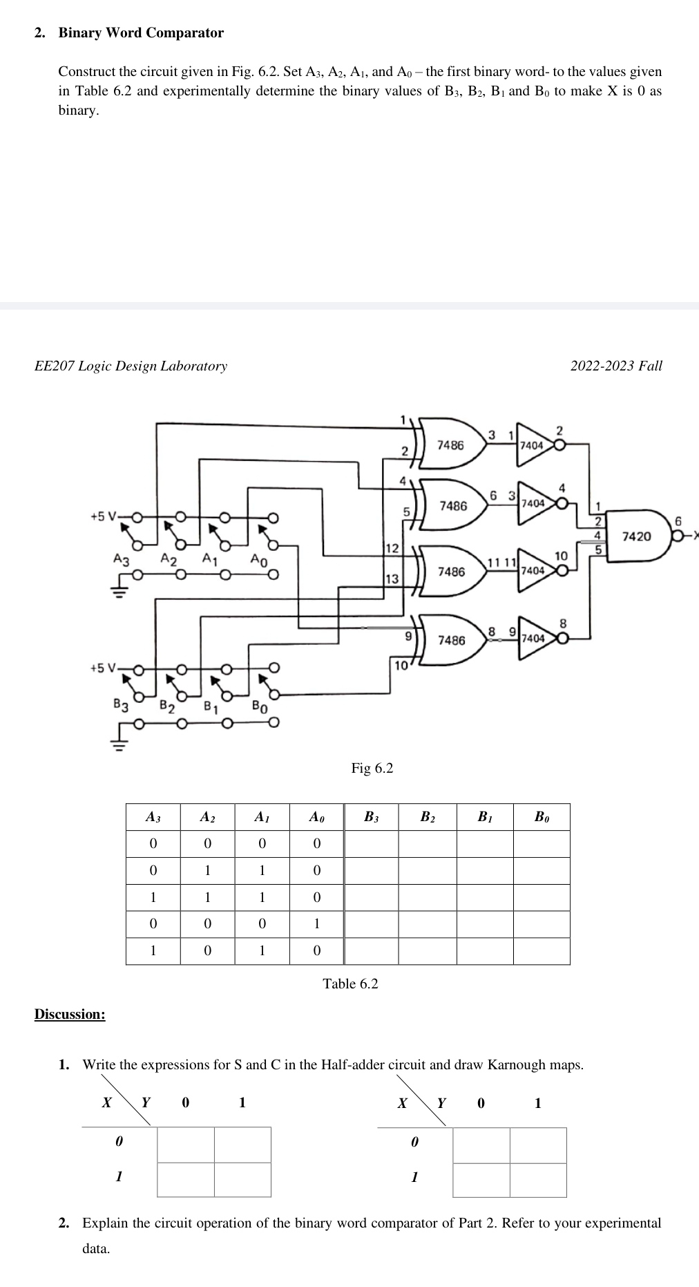 Binary Word Comparator Construct the circuit