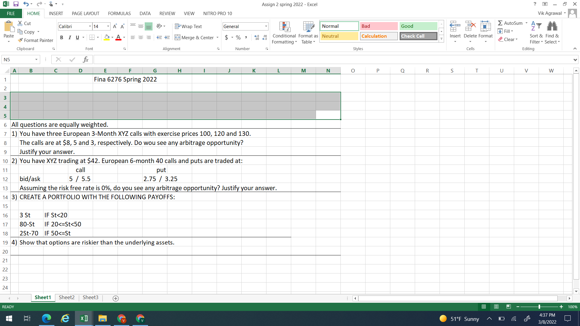 Assign 2 spring 2022 - Excel ? 0 - 5X FILE HOME