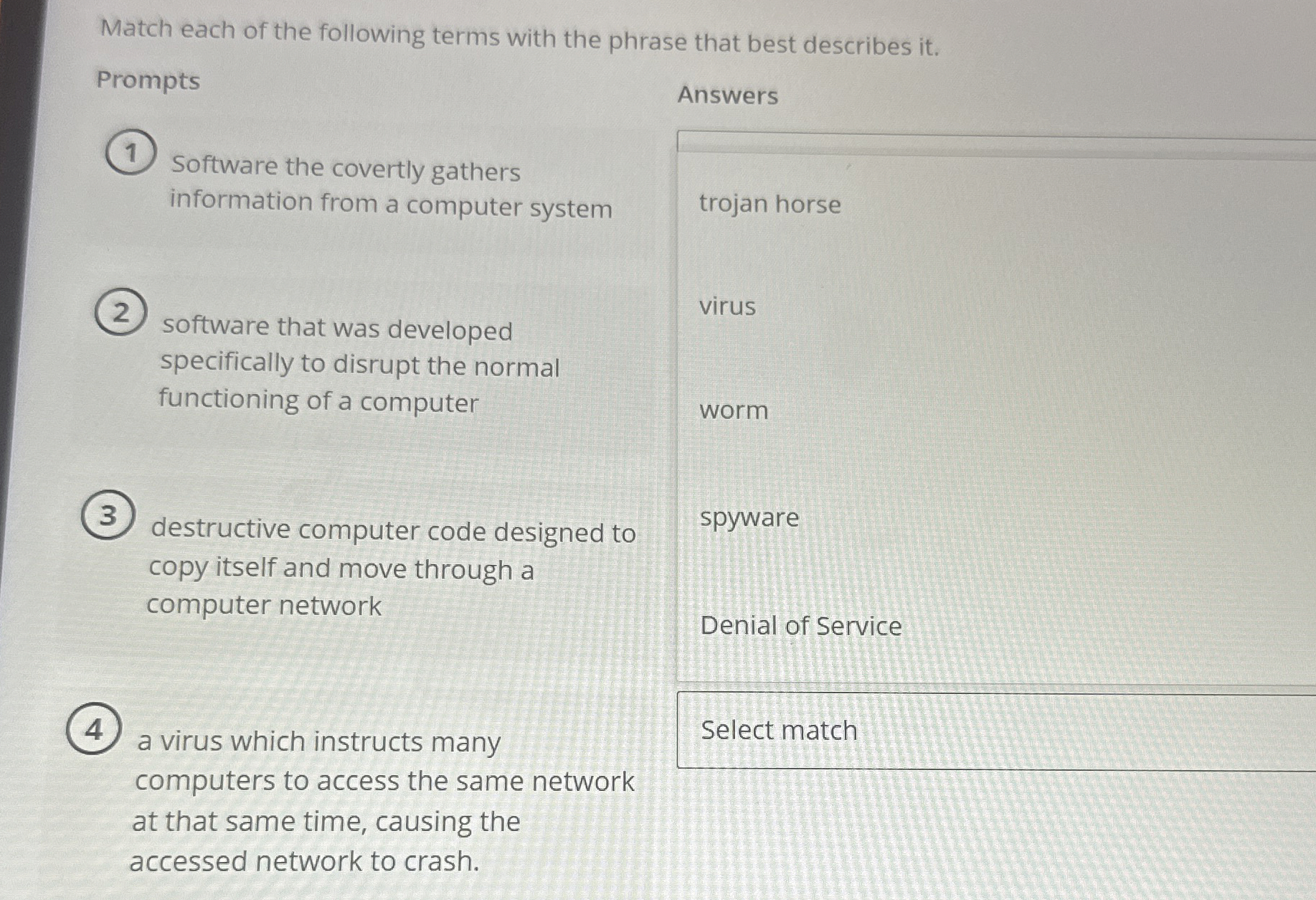 Match each of the following terms with the phrase