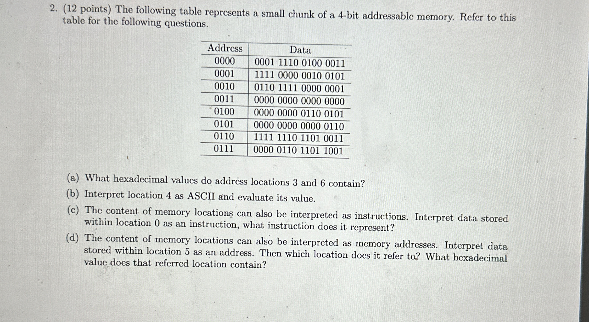 ( 1 2 points ) The following table represents a
