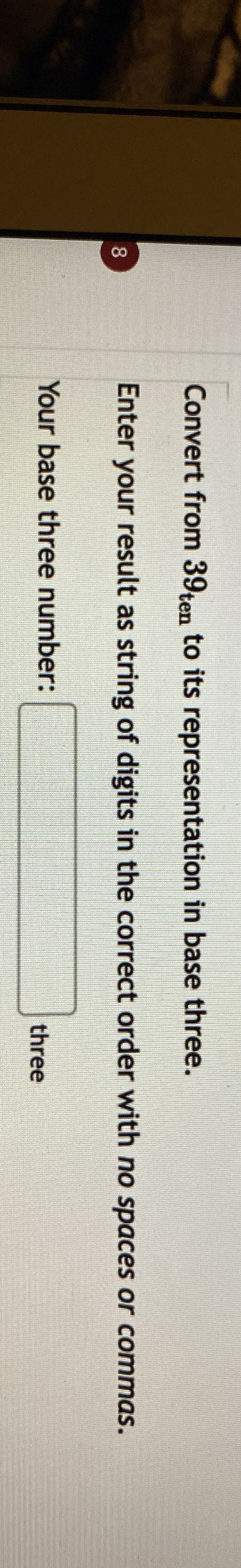 Convert from 3 9 t e n to its representation in