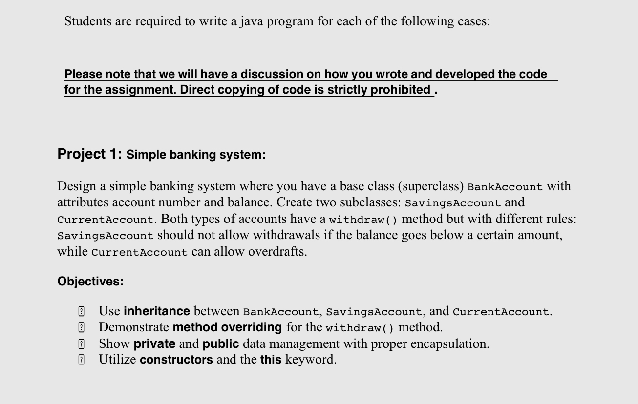 Students are required to write a java program for