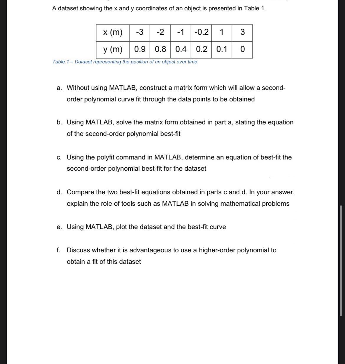 A dataset showing the x and y coordinates of an