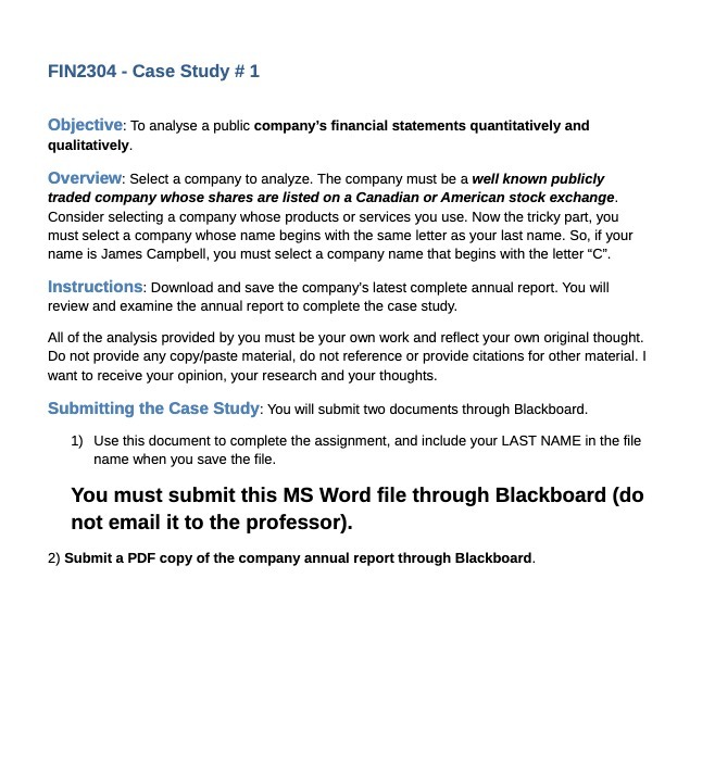 FIN2304 - Case Study # 1 Objective: To analyse a