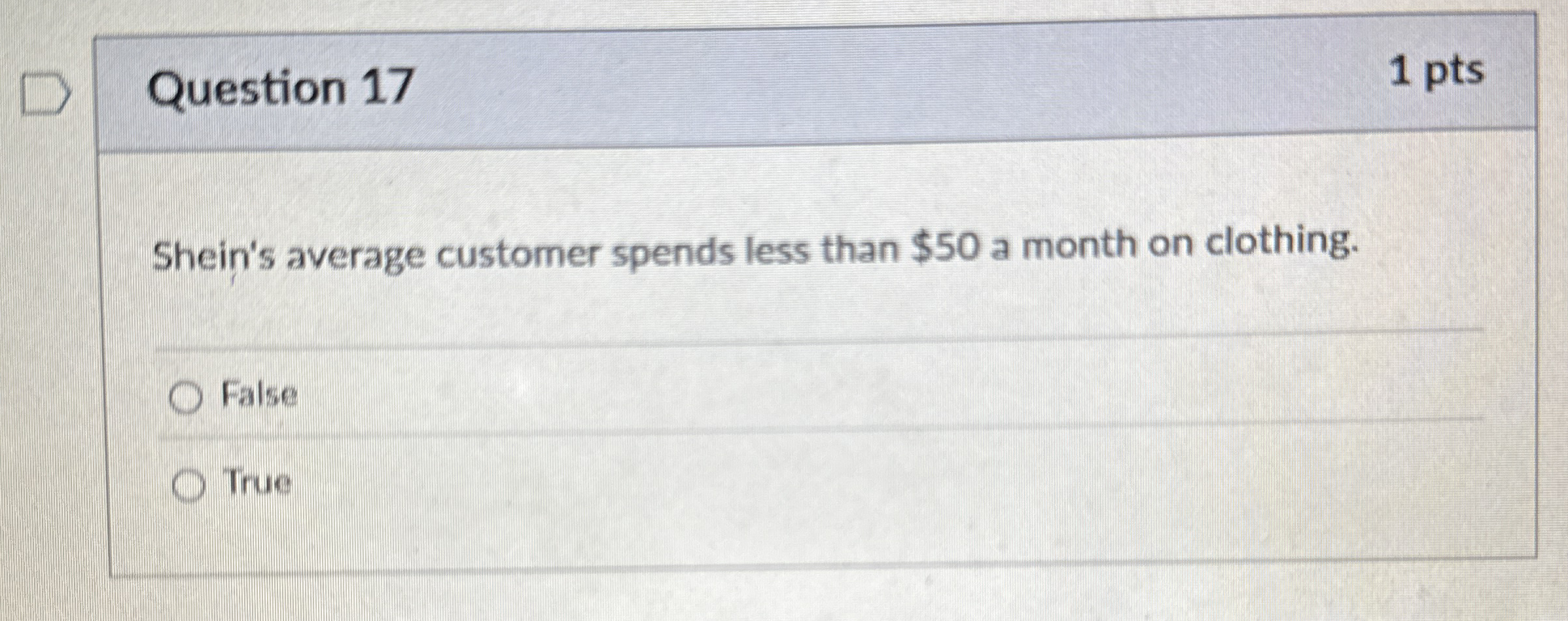 Question 1 7 1 pts Shein's average customer