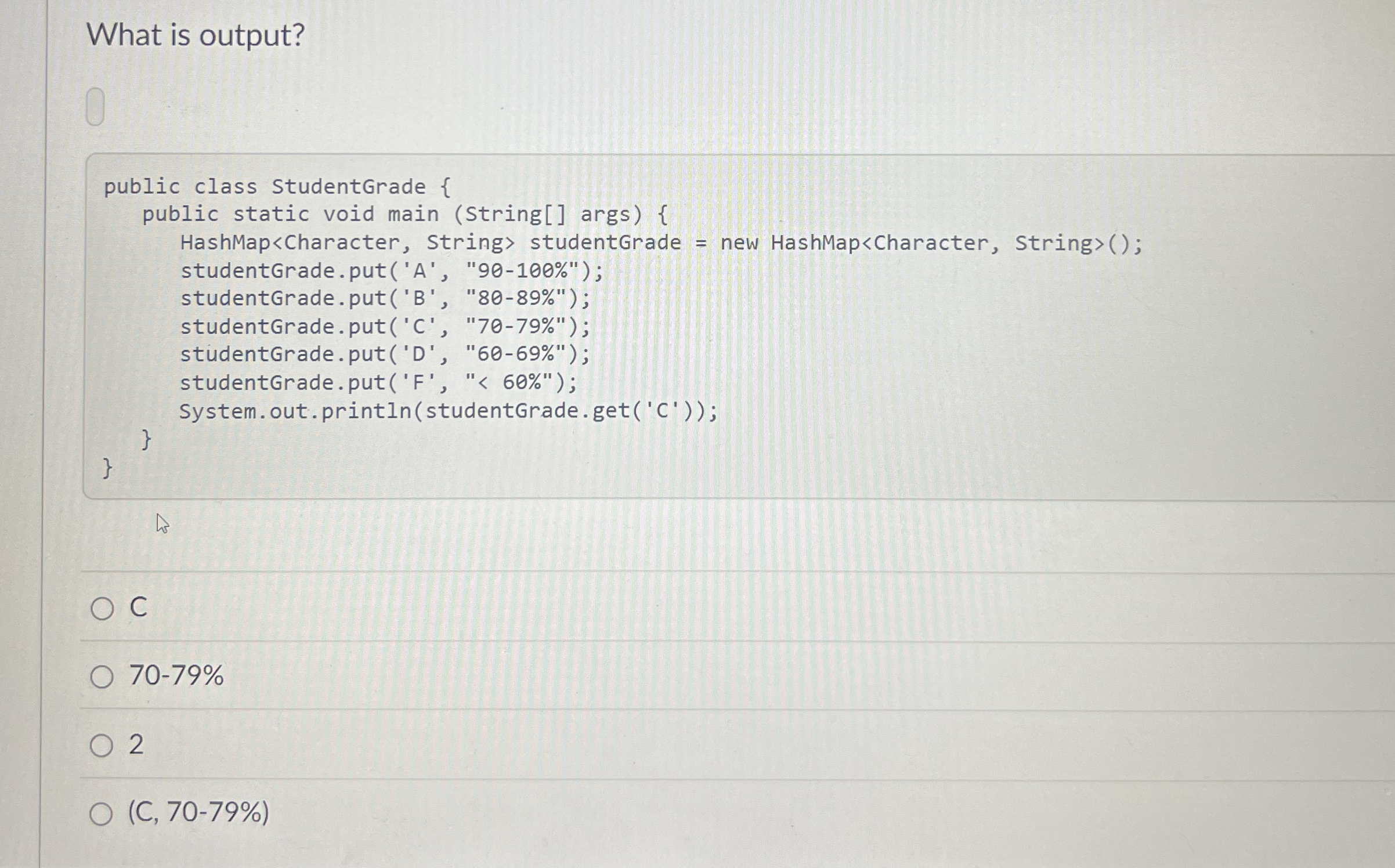 What is output?C 7 0 - 7 9 % 2 ( C , 7 0 - 7 9 % )