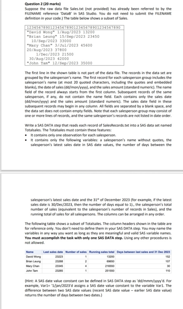 Question 2 ( 2 0 marks ) Suppose the raw data