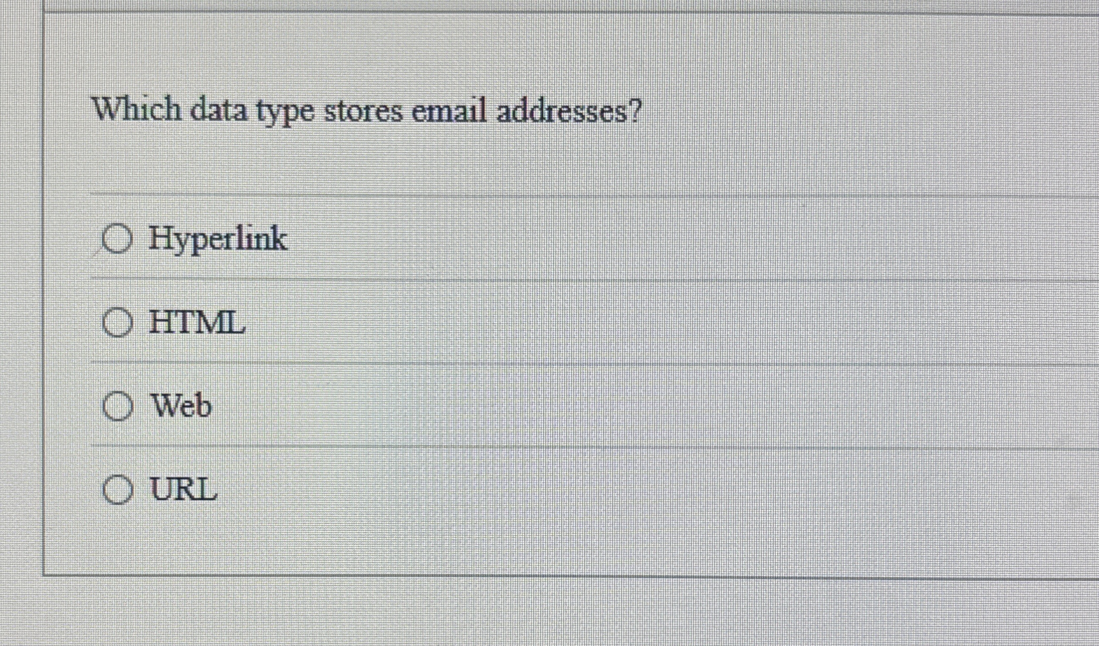Which data type stores email addresses? Hyperlink