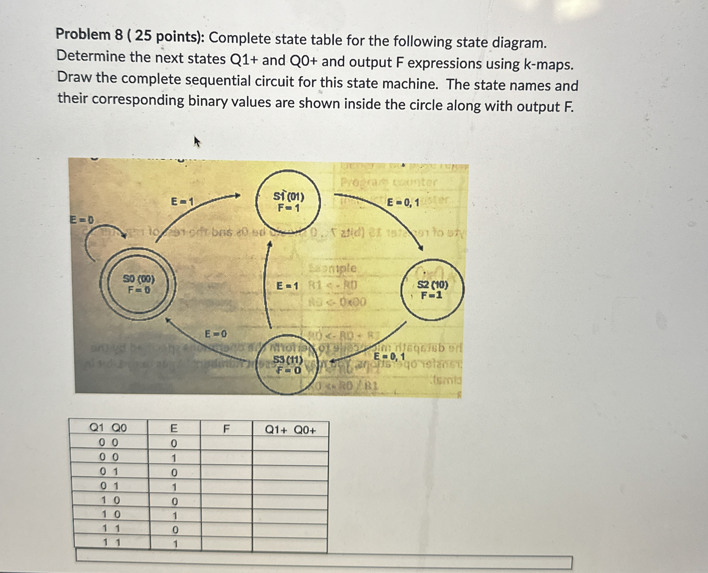 Problem 8 ( 2 5 points ) : Complete state table