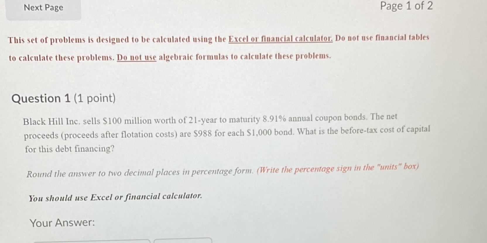 Please show how to solve using excel Next Page