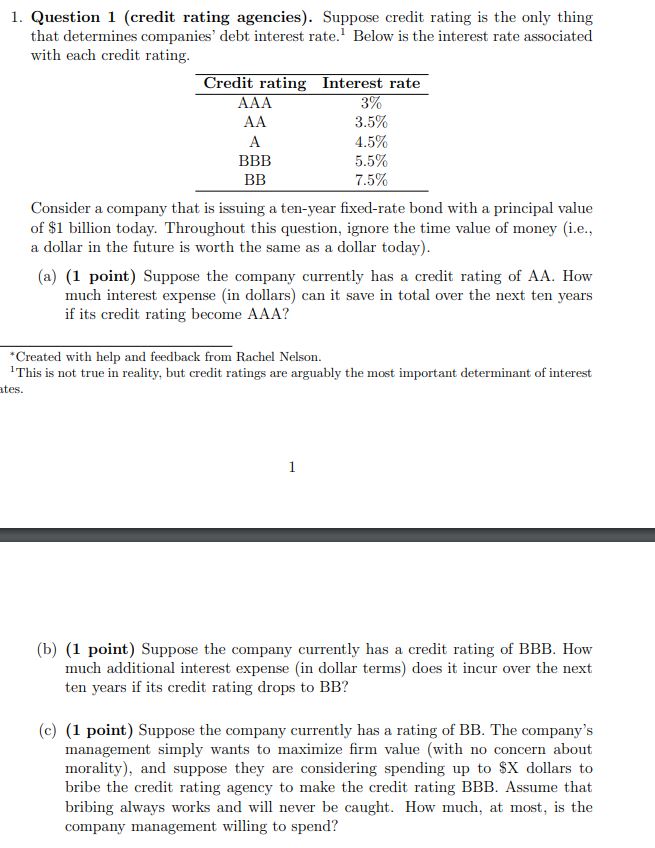 Question 1 (credit rating agencies) 1. Question 1