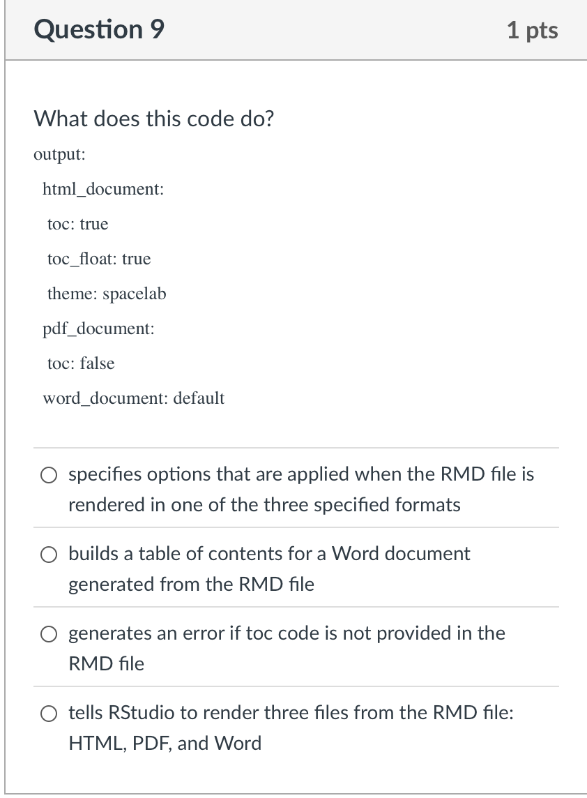 Question 9 What does this code do ? output: html