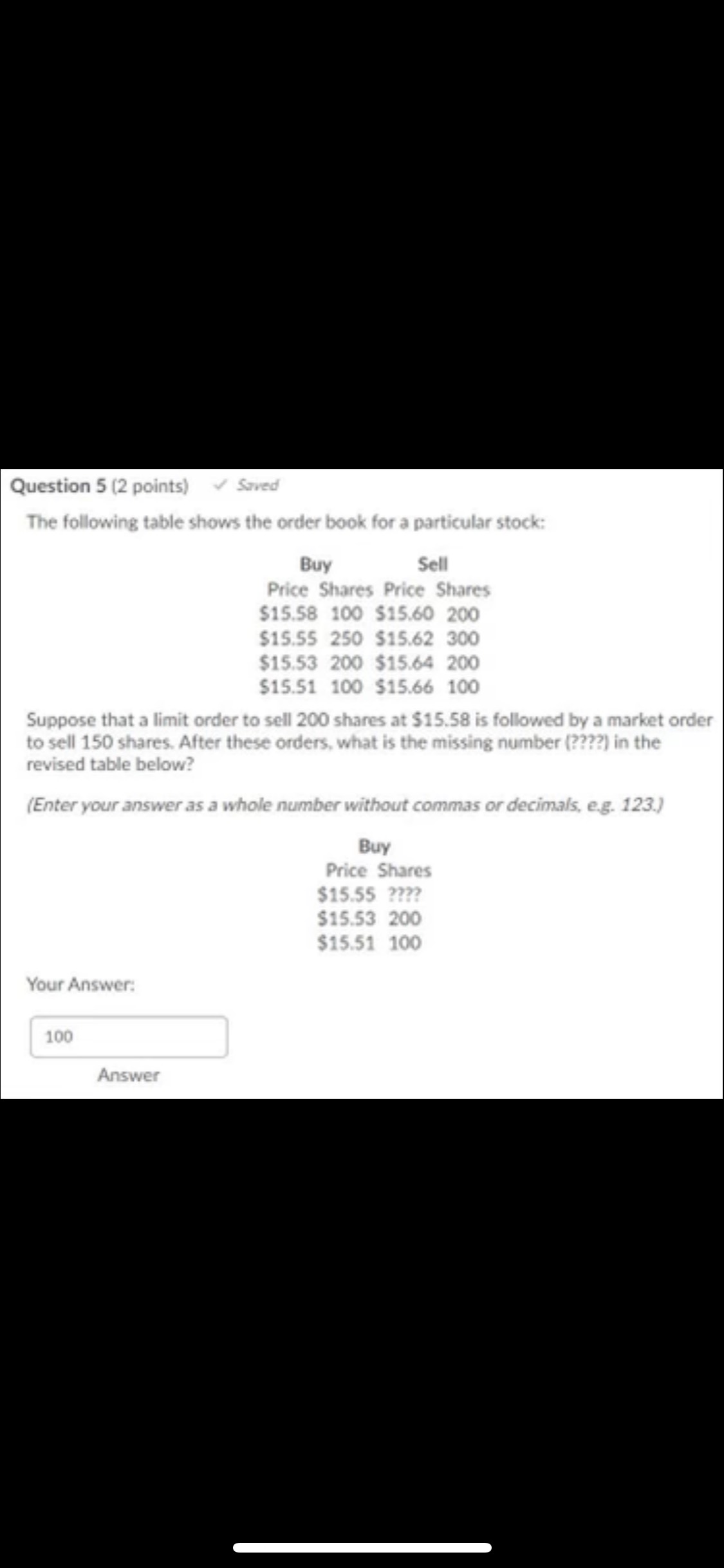 Question 6 (2 points) Saved The following table