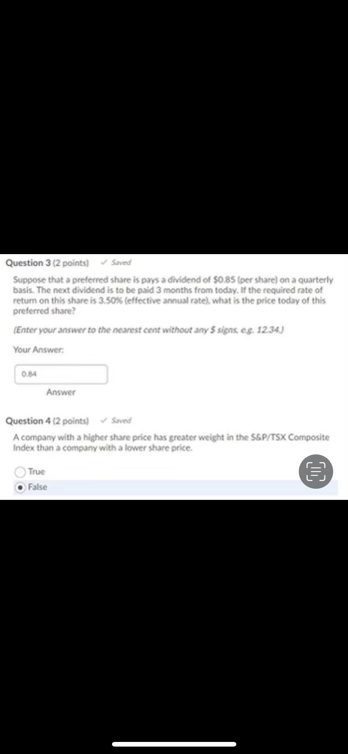 Question 6 (2 points) Saved The following table