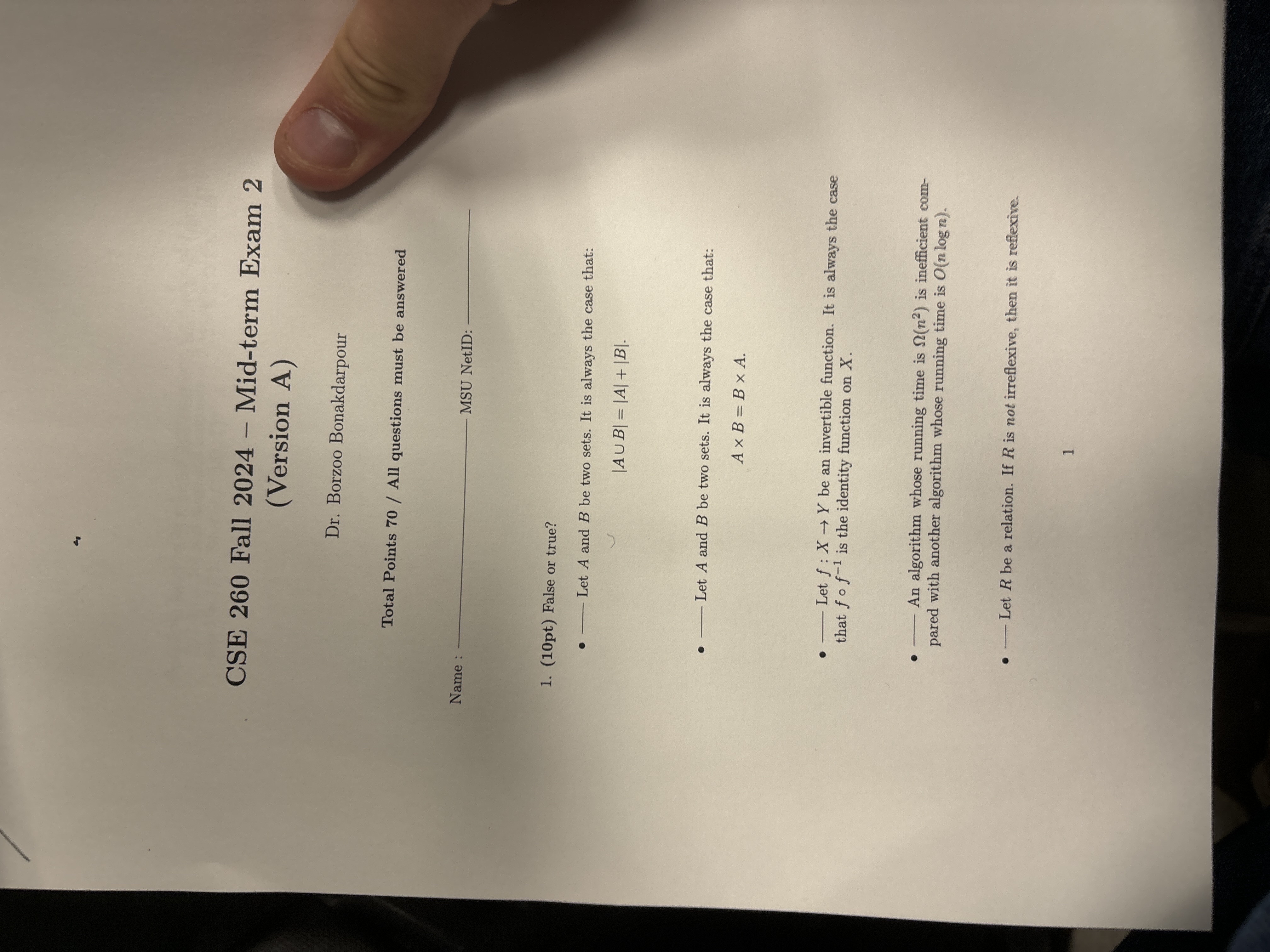 CSE 2 6 0 Fall 2 0 2 4 - Mid - term Exam 2 (