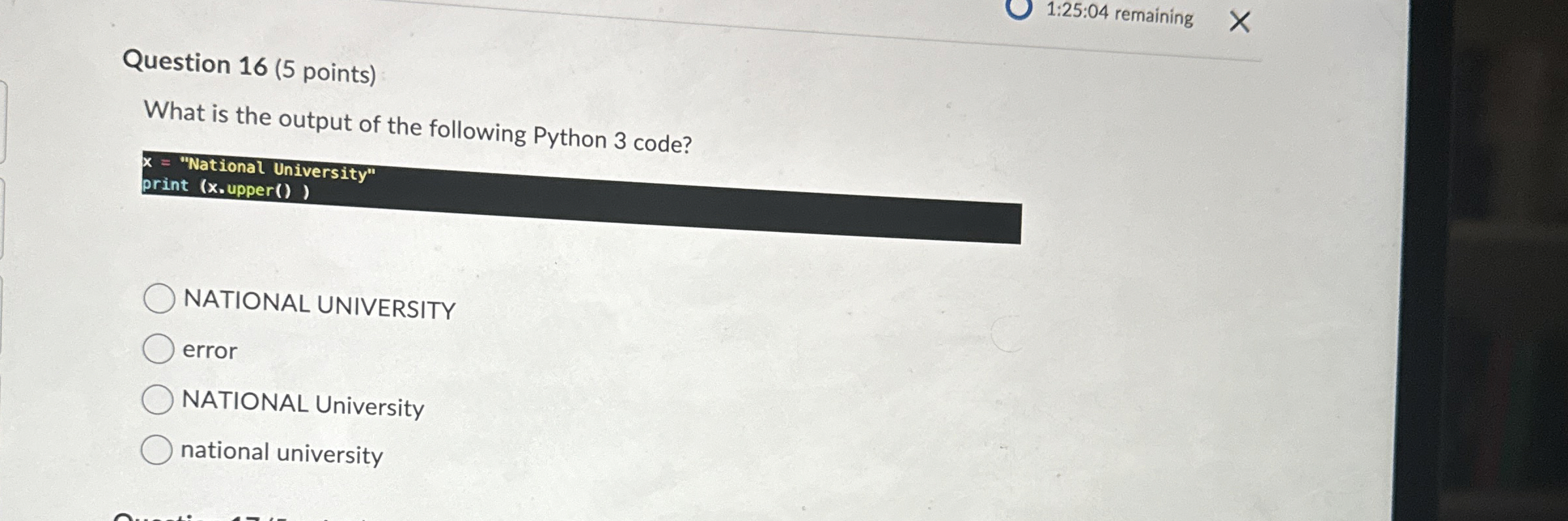 Question 1 6 ( 5 points ) What is the output of