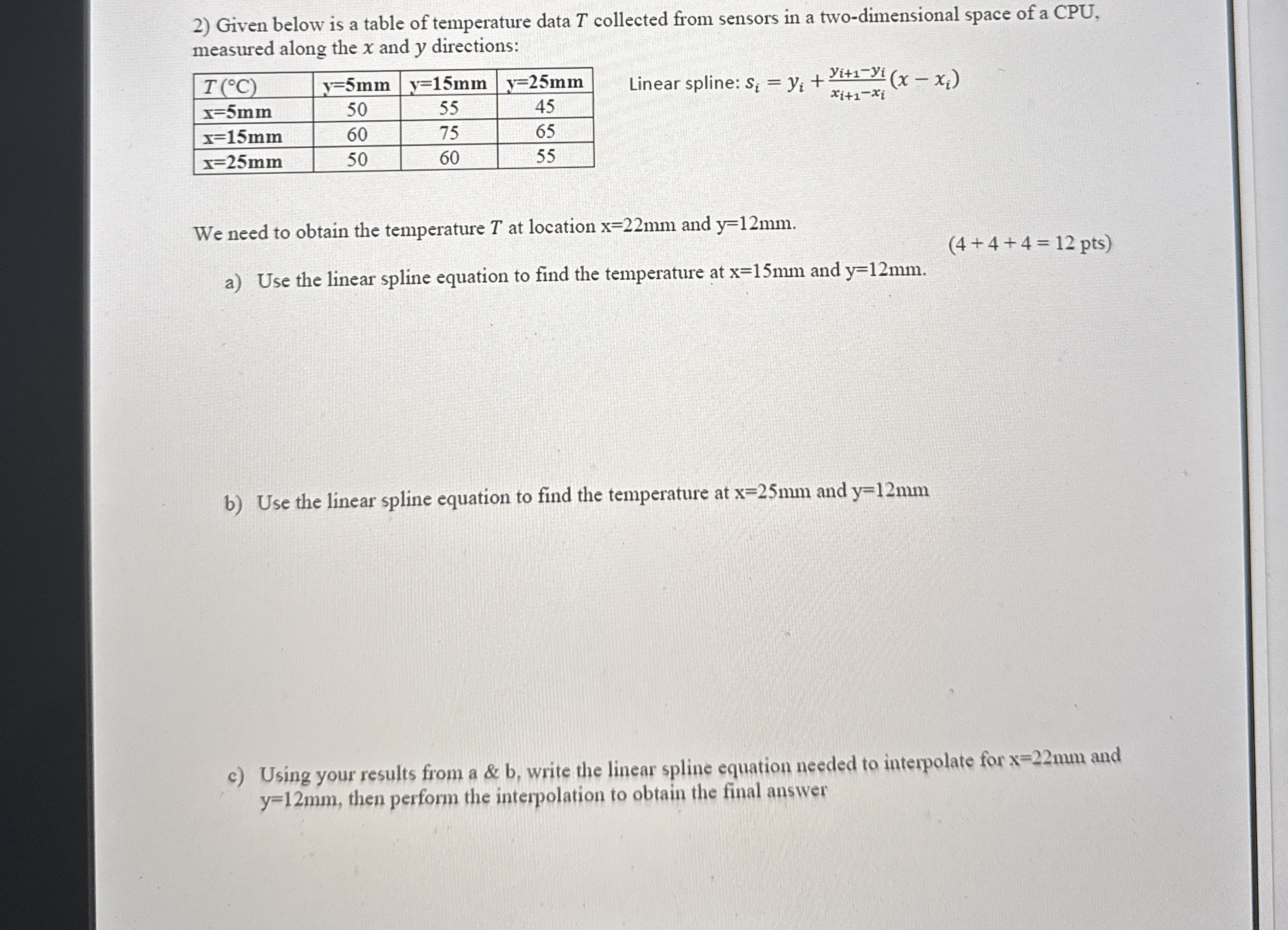 Given below is a table of temperature data T