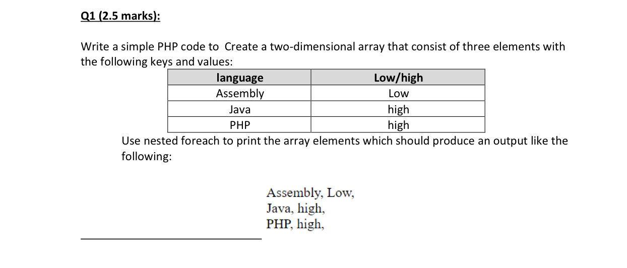 Q 1 ( 2 . 5 marks ) : Write a simple PHP code to