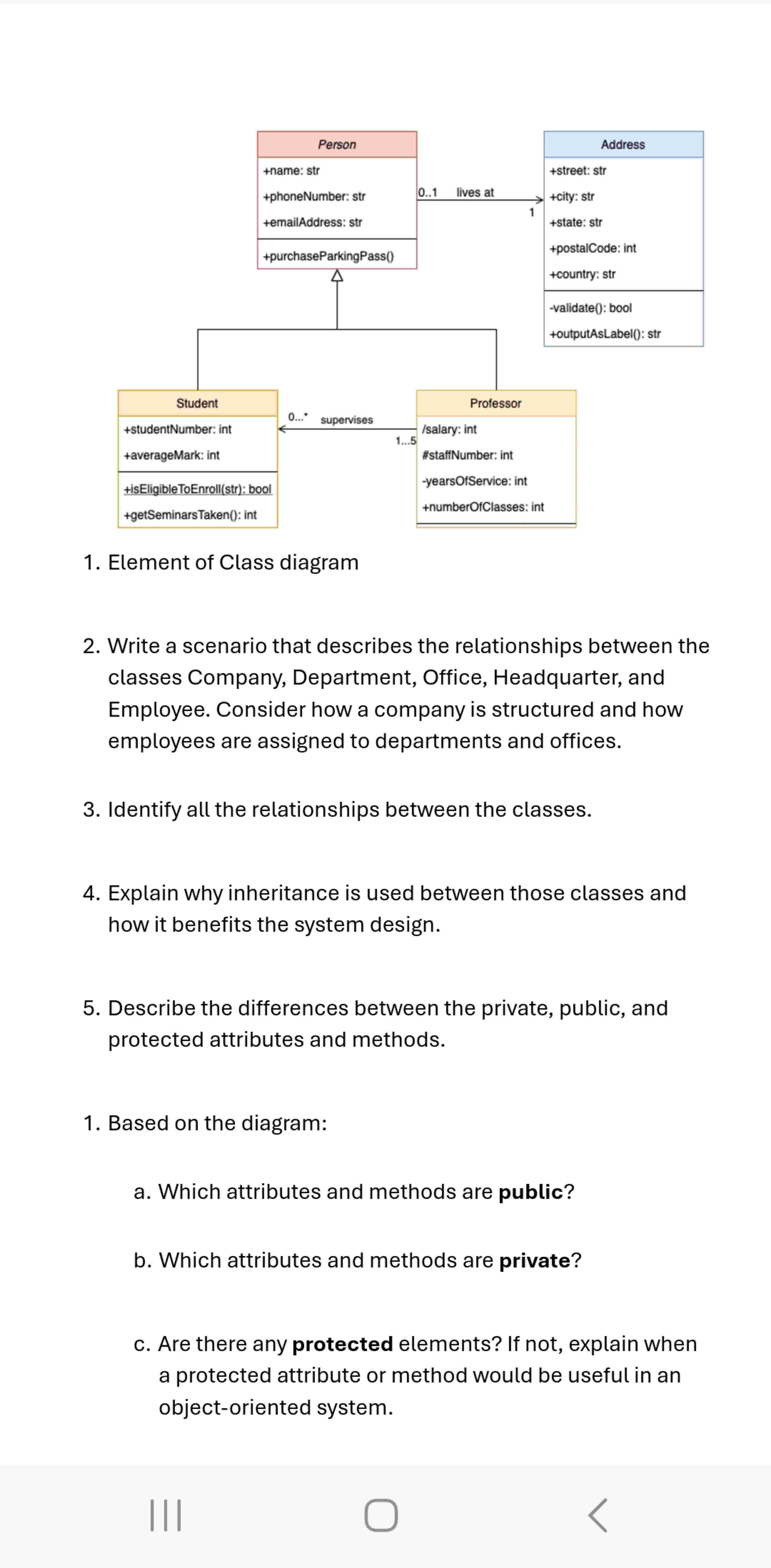 1 . Element of Class diagram 2 . Write a scenario