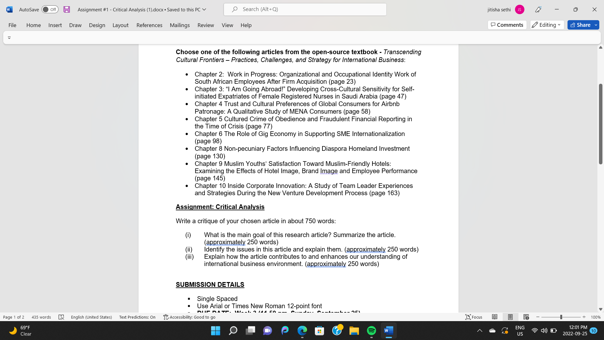W AutoSave Off Assignment #1 - Critical Analysis