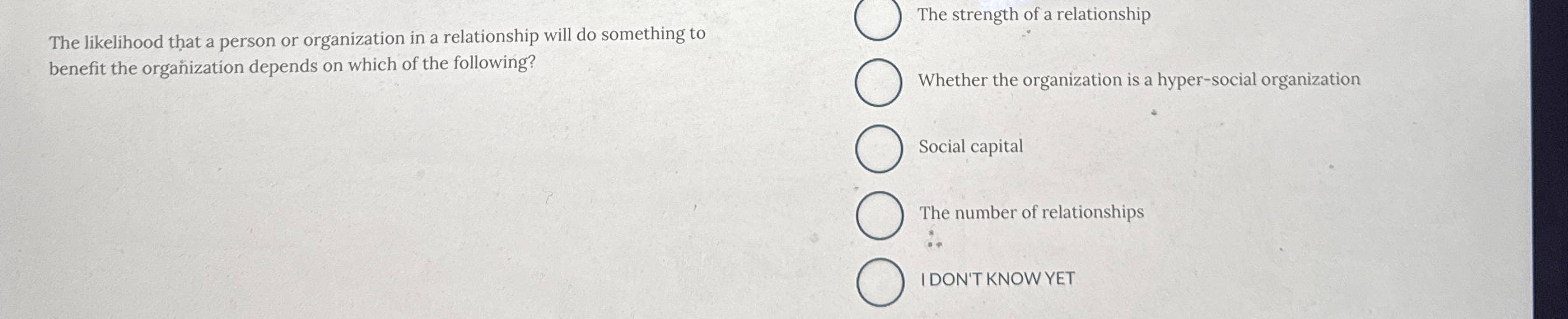 The likelihood that a person or organization in a