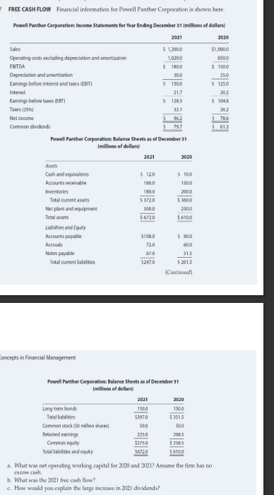 question 1 : answer excel form FREE CASH FLOW