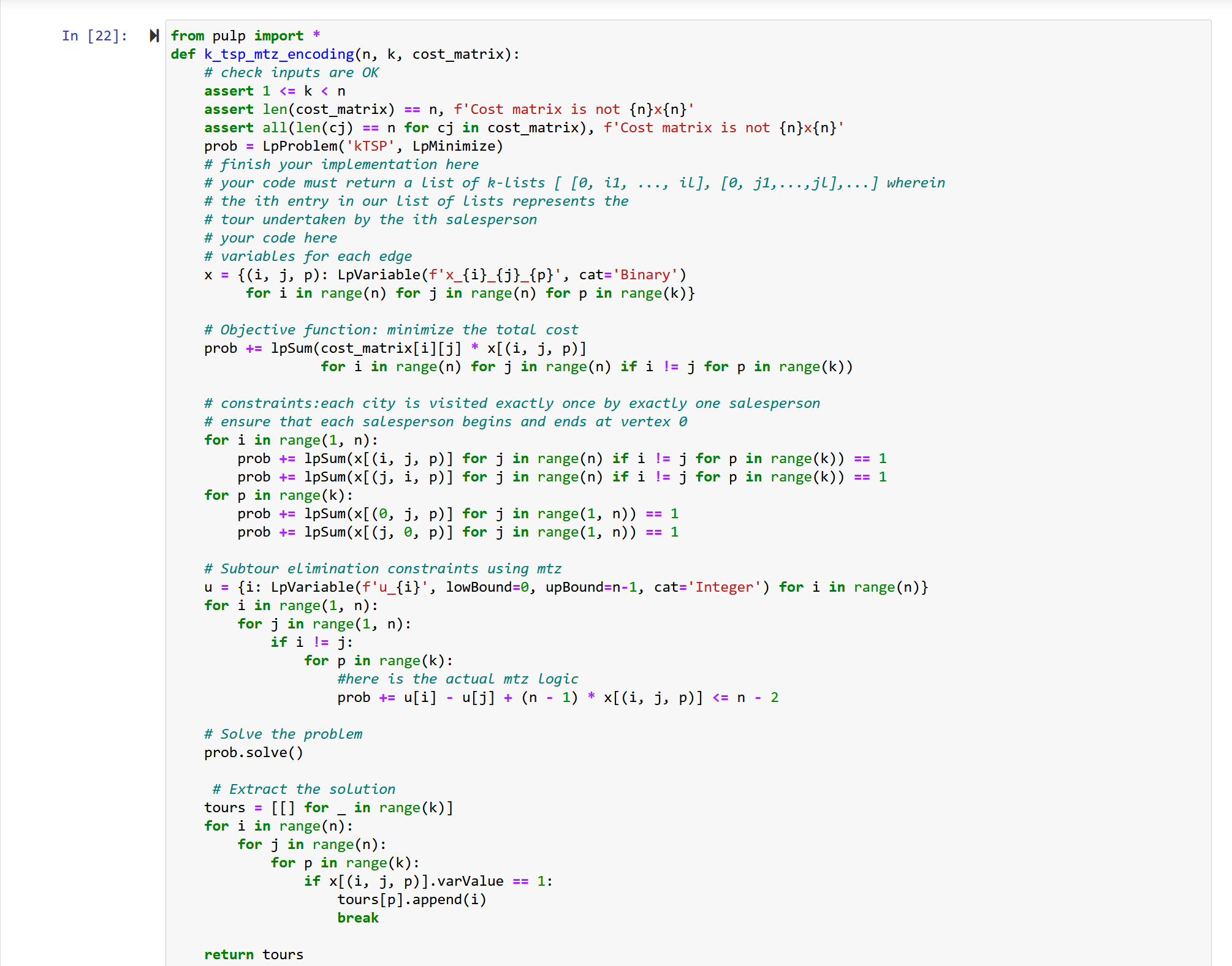 TSP: k _ tsp _ mtz _ encoding ( ) : I set up an