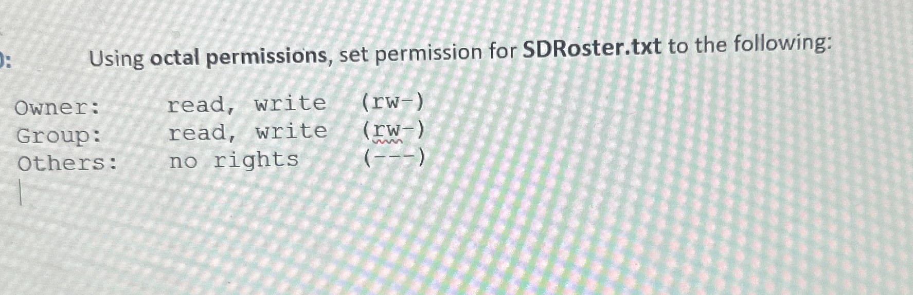 Using octal permissions, set permission for