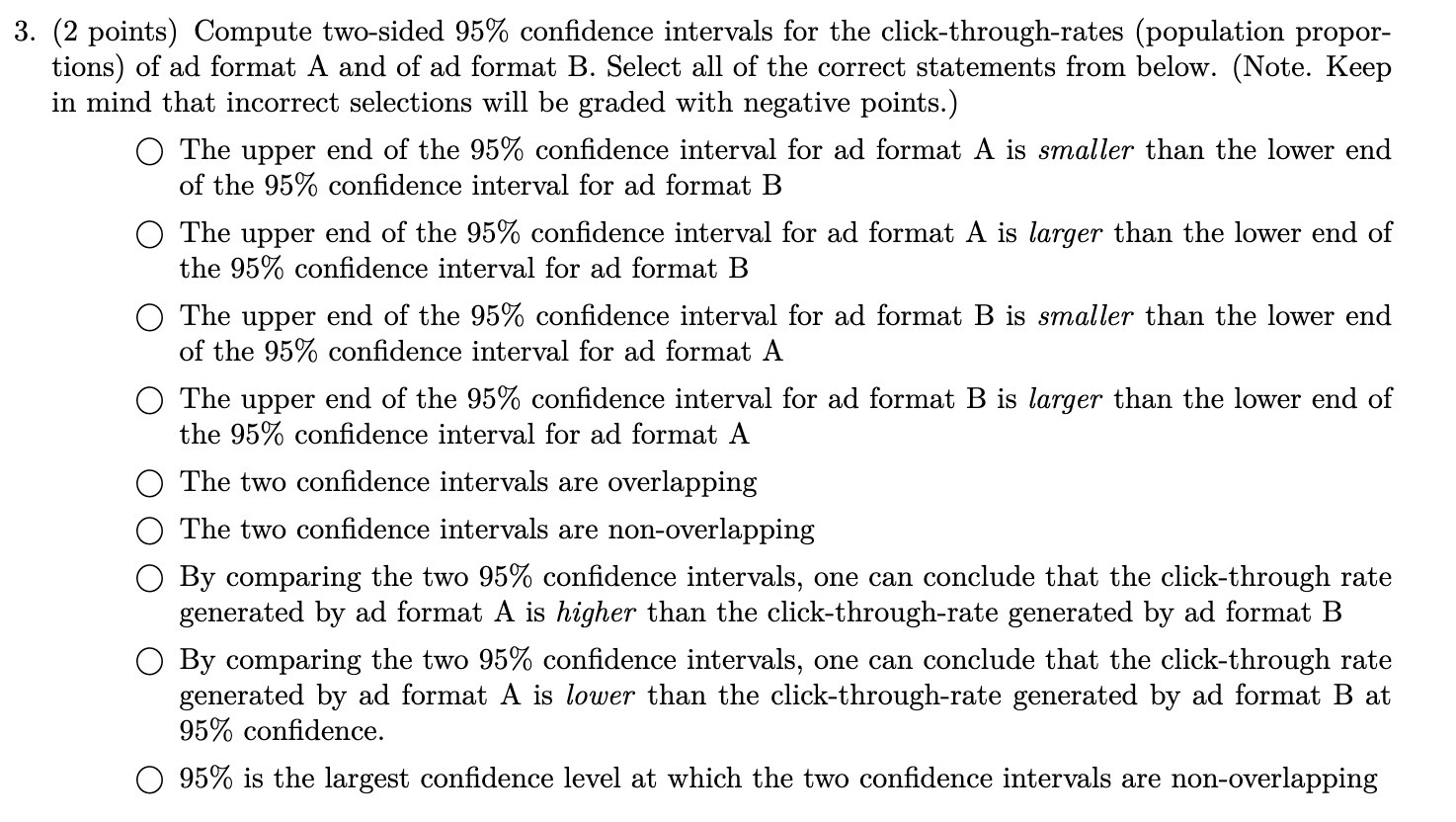 3. (2 points) Compute two-sided 95% confidence