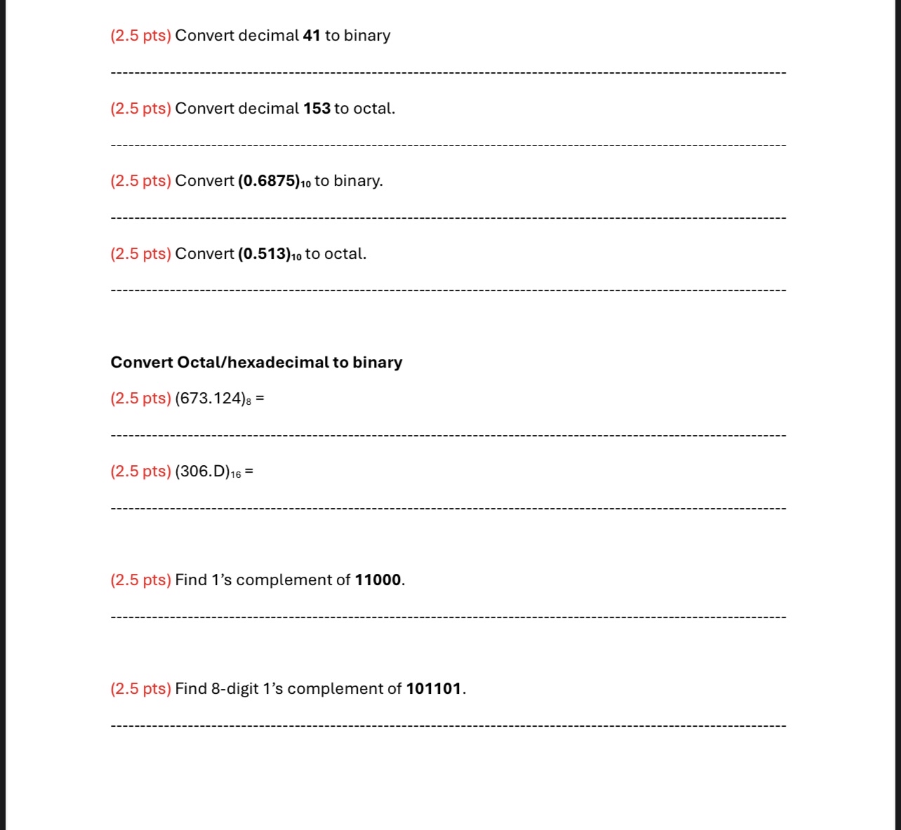 ( 2 . 5 pts ) Convert decimal 4 1 to binary ( 2 .