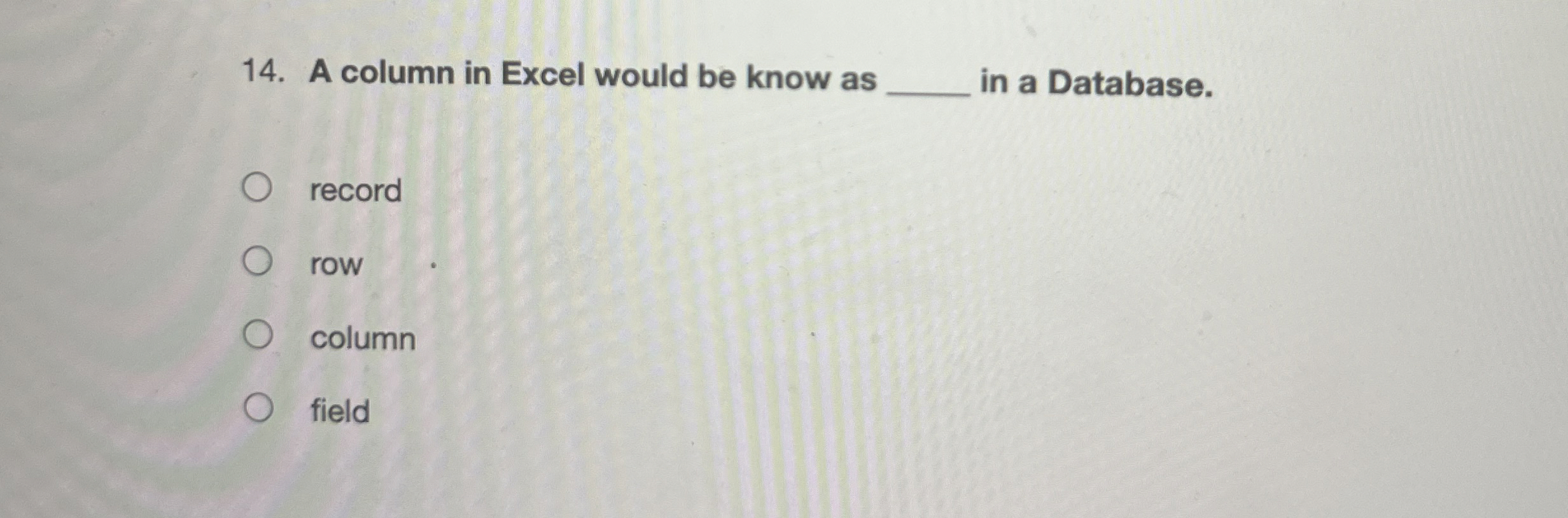 A column in Excel would be know as in a Database.
