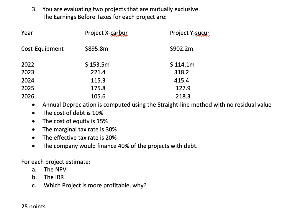 3. You are evaluating two projects that are