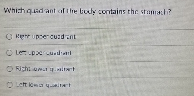 Which quadrant of the body contains the stomach?