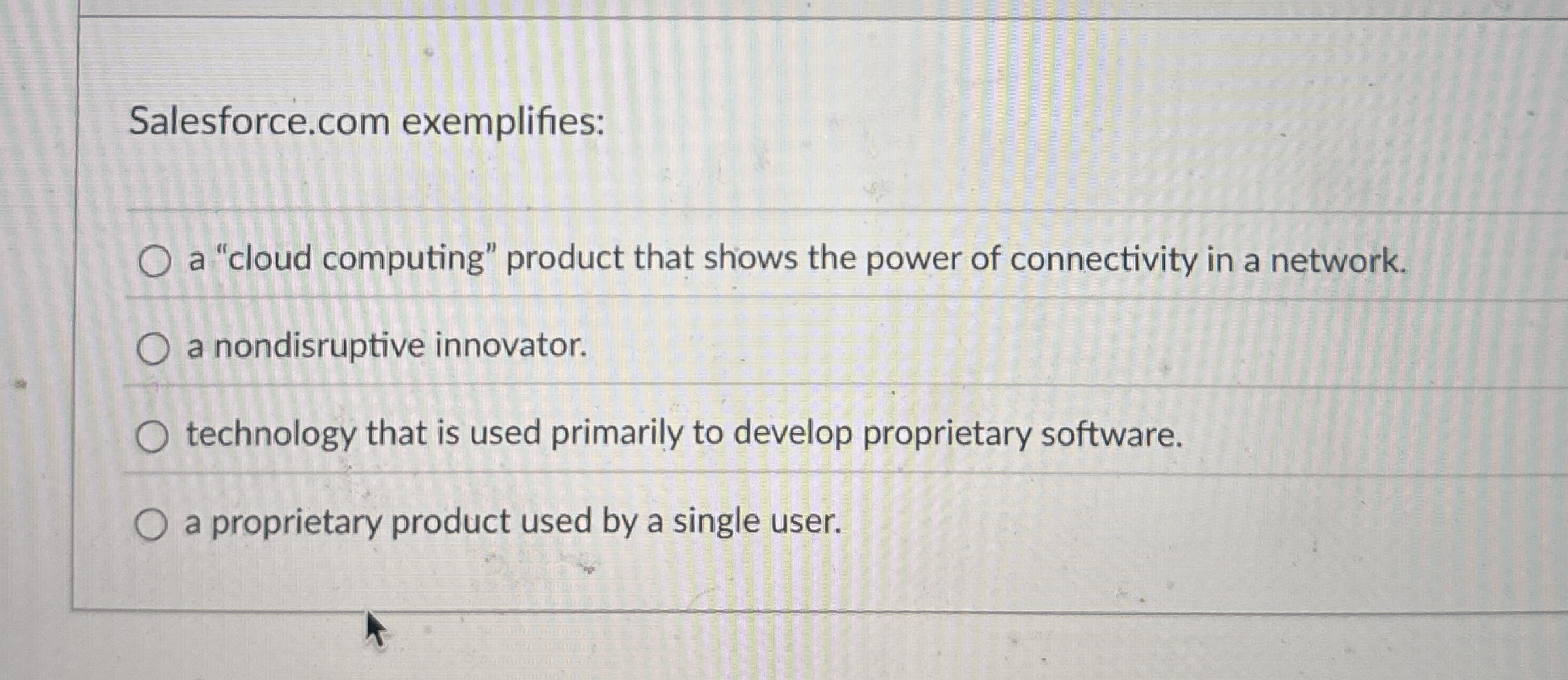 Salesforce.com exemplifies: a "cloud computing"