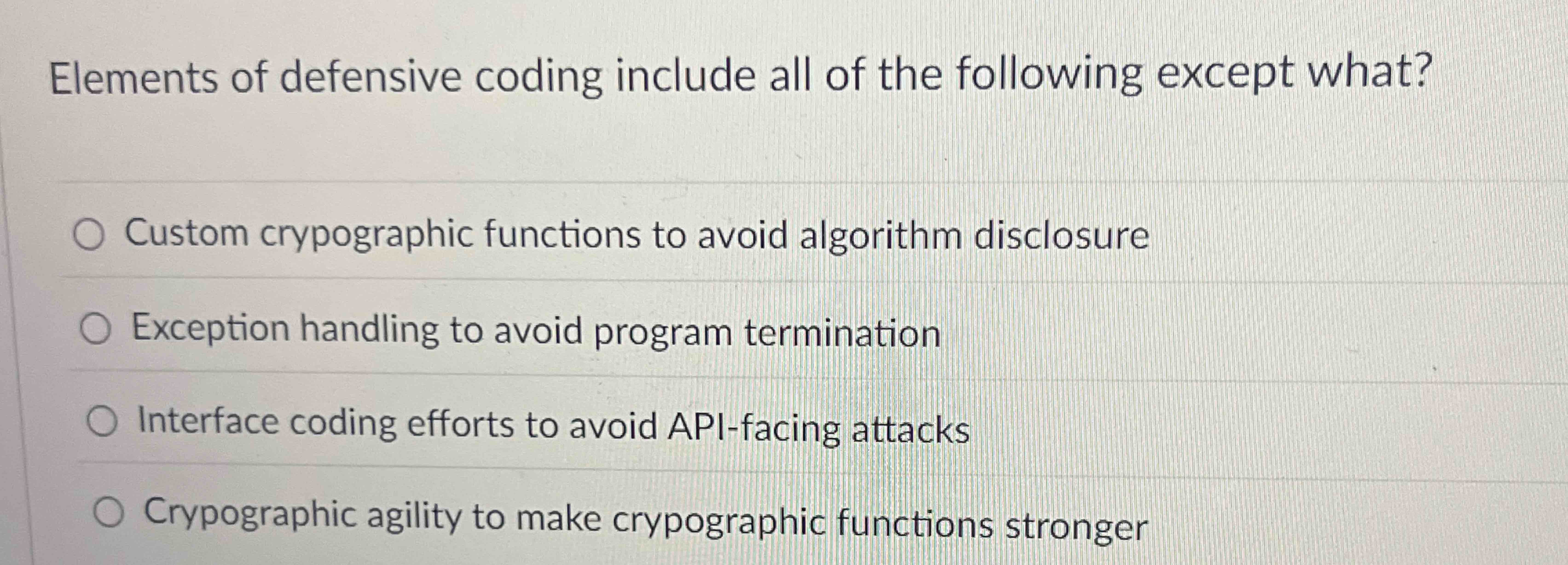 Elements of defensive coding include all of the