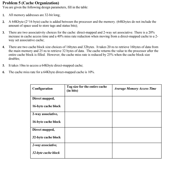 Problem 5 ( Cache Organization ) You are given