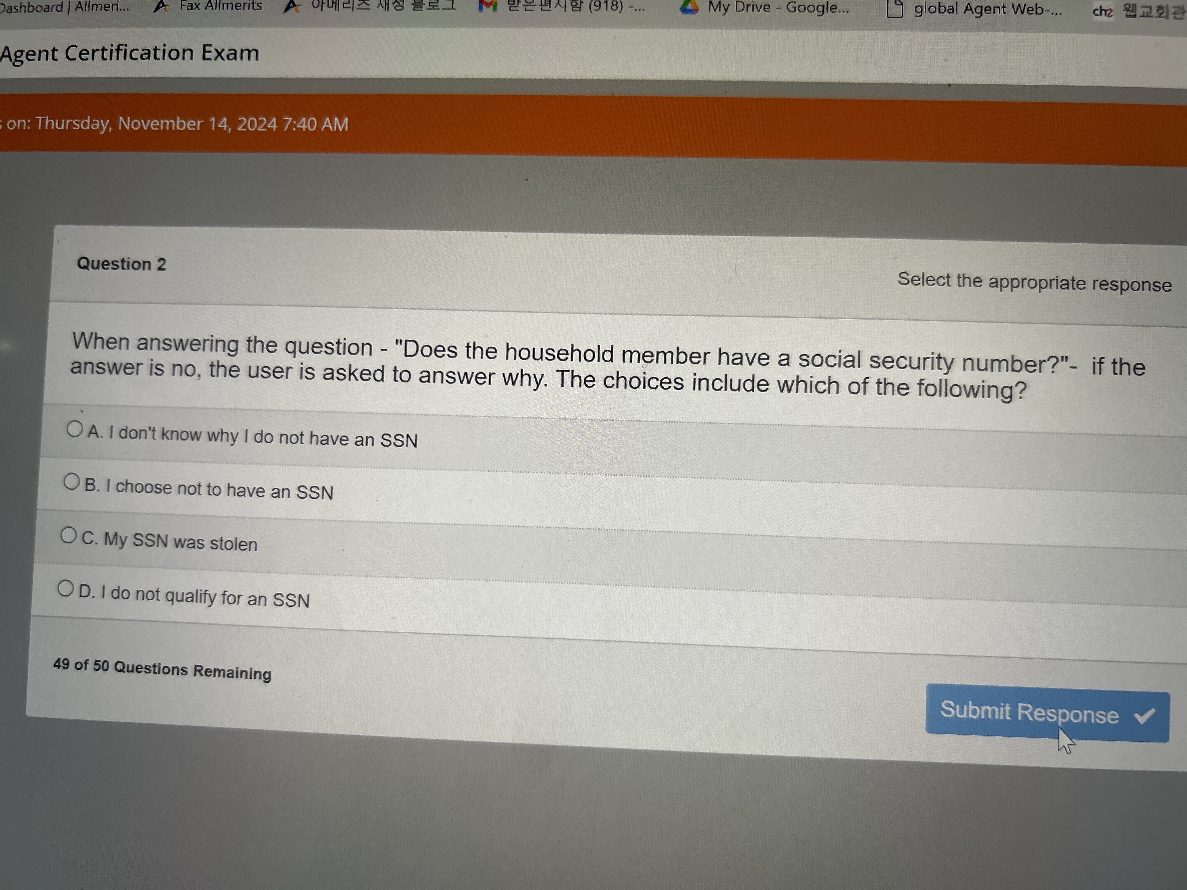 Question 2 Select the appropriate response When