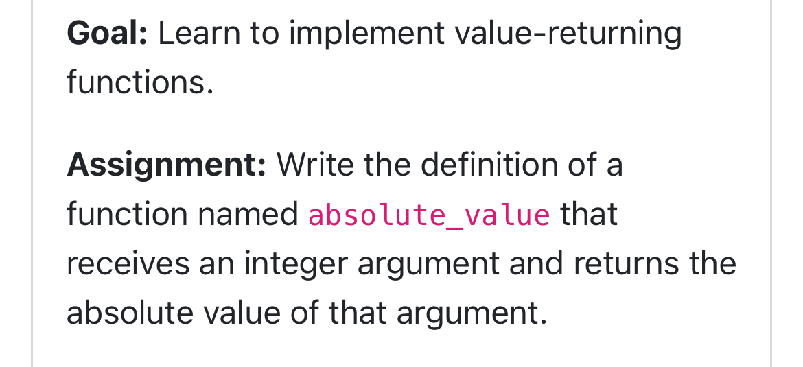 Goal: Learn to implement value - returning