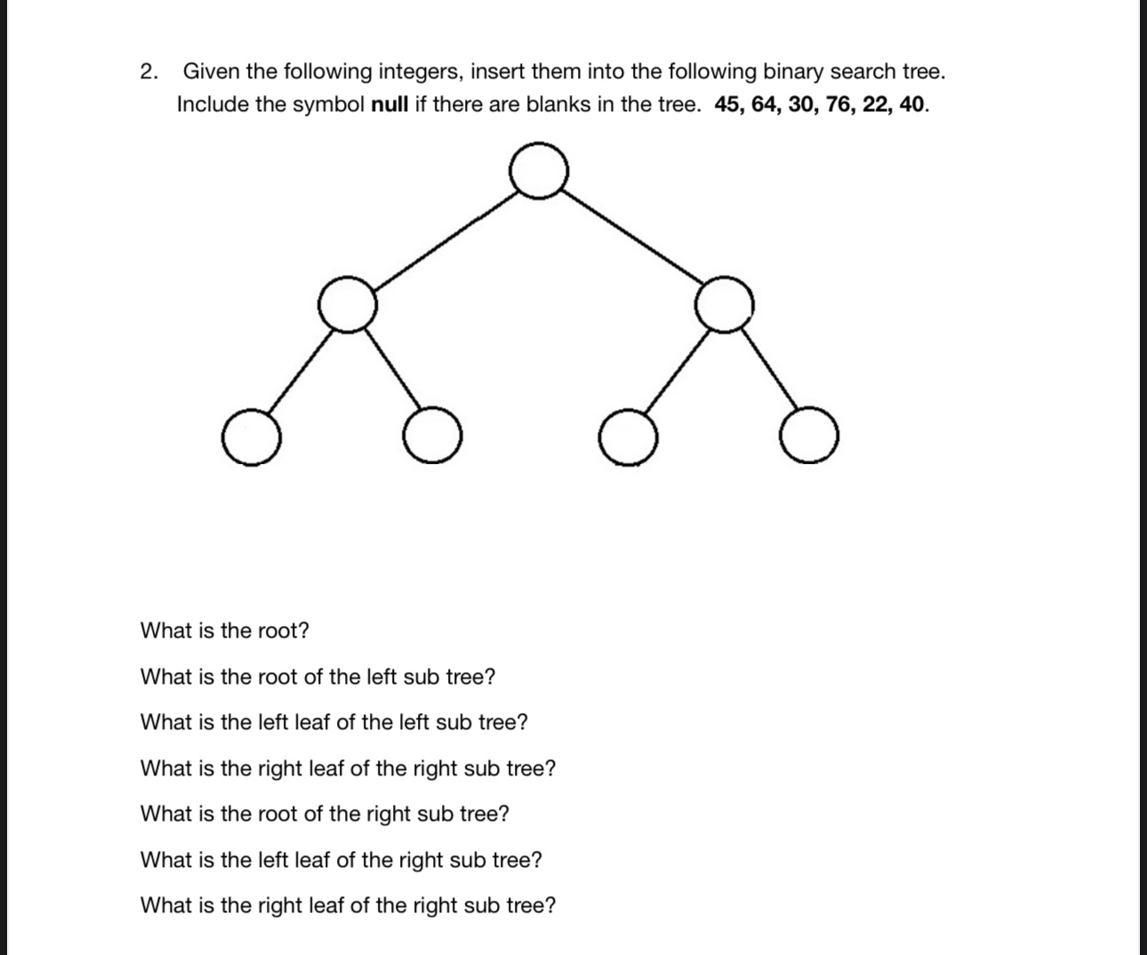 USING JAVA Given the following integers, insert