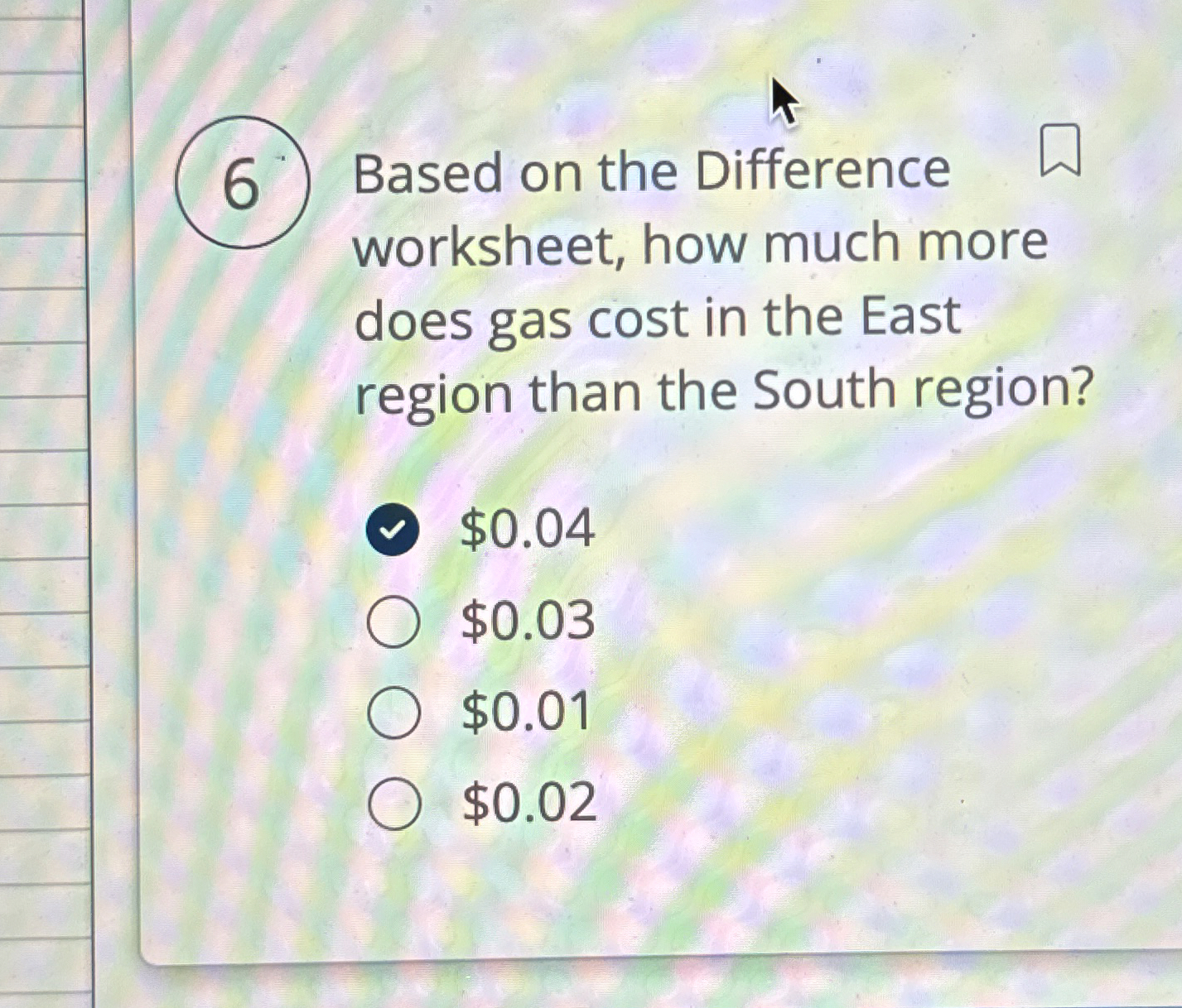 6 Based on the Difference worksheet, how much