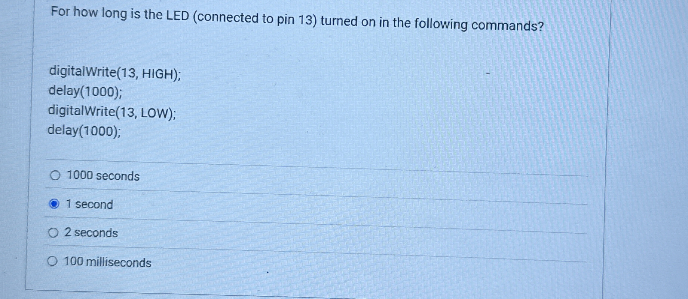 For how long is the LED ( connected to pin 1 3 )