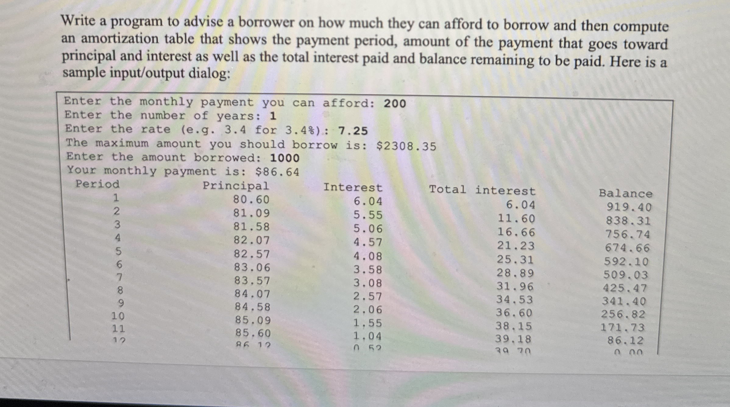 Write a program to advise a borrower on how much